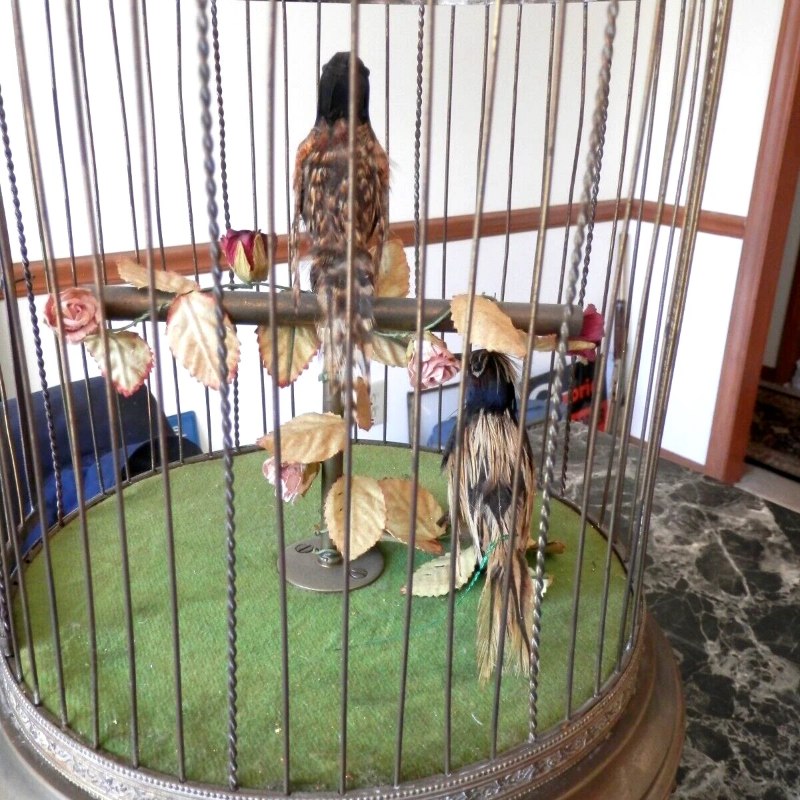 Дуэт певчих птиц в резной латунной клетке — 2